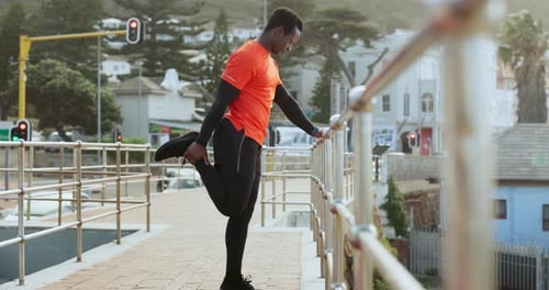 Black man, stretching legs and run in city, exercise and cardio with health and wellness outdoor
