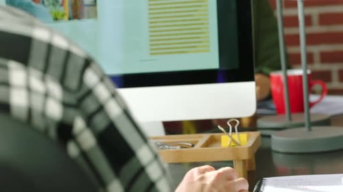 PPT, digital report and businessman with computer working on graphic design brochure project
