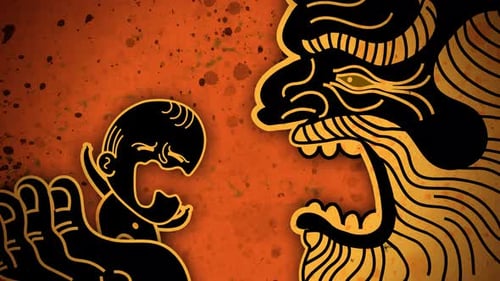 cronus devouring olympian children in orange greek vase style