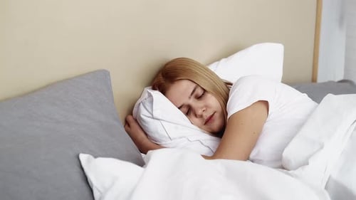 Happy Morning New Beginning Woman Wake Up Cozy Bed