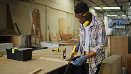 Young Adult Carpenter Saws Wood in Workshop