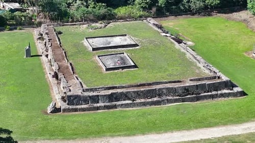 Aerial drone of megalithic ancient terrace tombs in Tongatapu Island, Tonga, South Pacific.