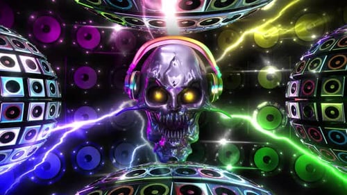 Vibrant Glowing Skull with Headphones and Pulsating Speakers
