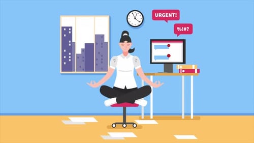 Young Woman In Office Meditating Stressful Work 4K