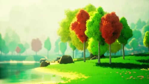 Colorful Cartoon Forest at Sunset