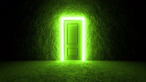 Mysterious green glowing rectangular door opening in dark room