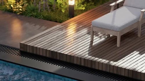 Exterior design details, close-up shot, two sun loungers by the pool.