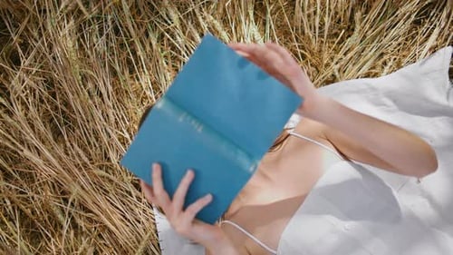 Mulher deitada lendo livro em Hay Place, de perto, morena descansando, escondendo o rosto