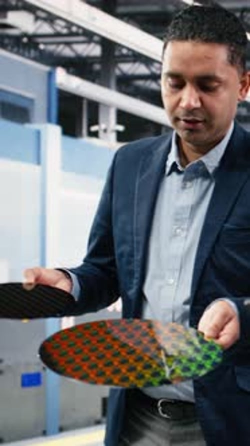 Vertikales Videotest von Mikrochips, Chargen, Siliziumwafer, Nahaufnahme und vielfältiges Entwicklungsteam