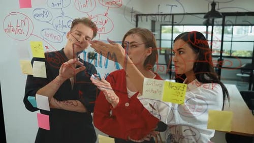 Three Young Adults Brainstorming Together at a Whiteboard