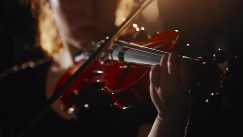 Female Violinist Playing in Rain in Night Close Up Portrait of Talented Women Enjoy Classical Music