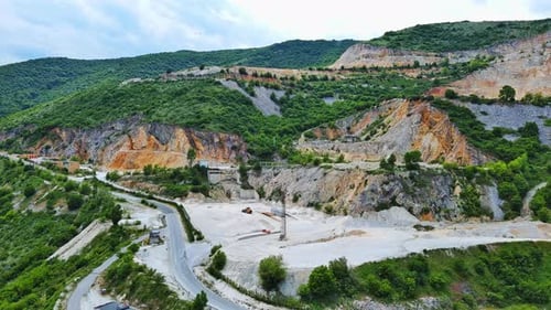 Quarry for Extraction of Minerals with Equipment and Machines and Road in Rhodope Mountains Covered