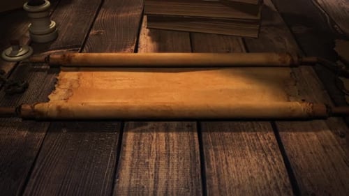 Epic Scroll on wooden background opens