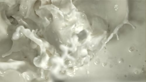 Frische Milch mit Spritzern, gefilmt mit einer Hochgeschwindigkeitskamera mit 1000 Bildern pro Sekunde