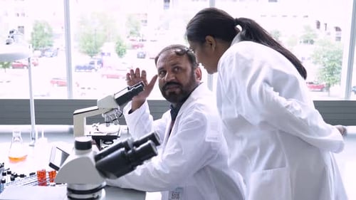 Scientists discuss science experiment at microscope in science laboratory