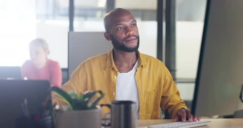 Information technology, research and businessman on computer, laptop and keyboard for software