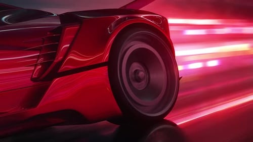 Nahaufnahme des Hinterrads eines roten Sportwagens, der auf einer Neonautobahn rast. Leistungsbeschleunigung