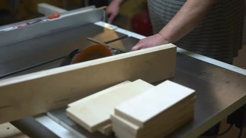 Highly Trained Woodworker Carefully Slices Layered Pine Planks To Precise Measurements In Workshop