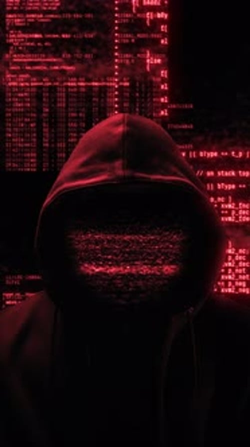 Hacker with Hoodie and Glitch Face Computer Abstract Digital Code at the Background Dark Web or