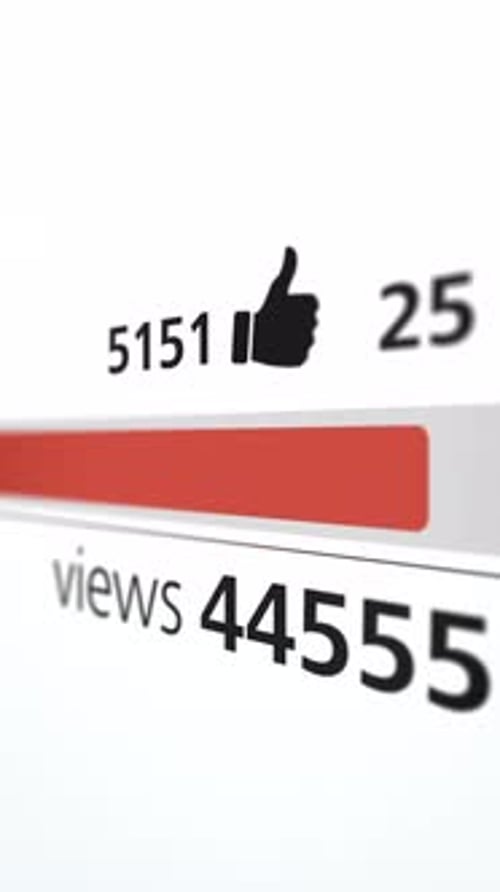 Vertical format animation of social media video statistics showing engagement icons, view numbers