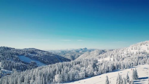 Panoramic view of snowy mountains and pine tree tops covered in snow in Germany