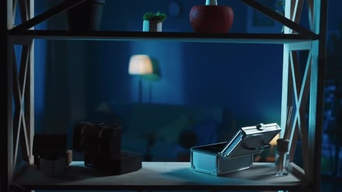 Wooden Shelf with Treasure Chest and Metal Case