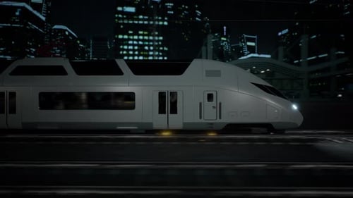 Tren bala de alta velocidad que se mueve de noche en una ciudad moderna