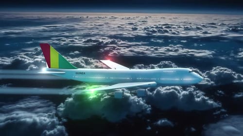 Commercial Airliner Passanger Plane Jumbo Jet Flying At Night Over Clouds With Country Flag Guinea