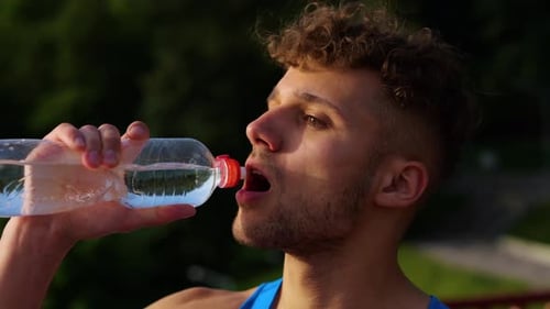 Guy Drinking Water After Running Thirsty After Workout in Summer Heat Standing on the Bridge Fitness