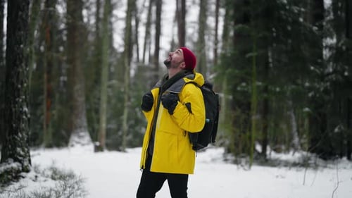Man Gazing Up in Snowy Winter Forest