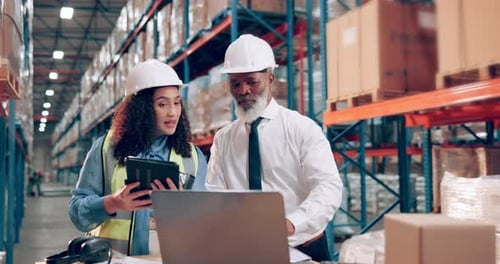 Team, engineer and planning on laptop in warehouse for distribution, shipping or stock