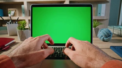 Hands Surfing Online Green Screen Laptop at Modern Workplace Closeup Zoom in