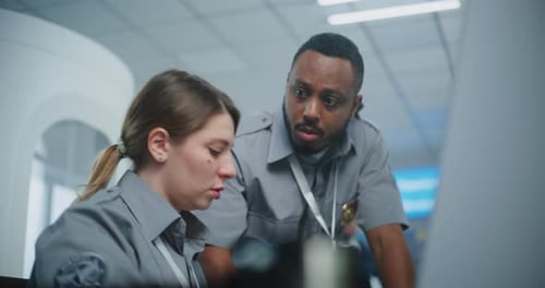Airport Security Team Works on Computer Together
