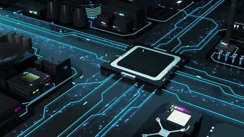 Futuristische Stadt stilisiert als Computerkomponenten und Mikrochips. 3D-Animation