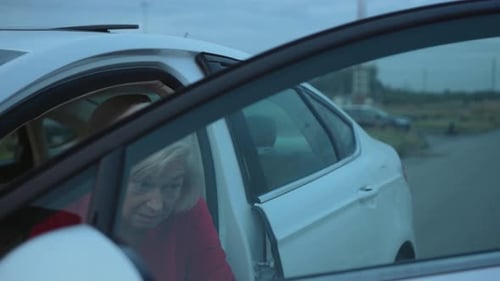 Senior Businesswoman Exit From Vehicle and Opening the Hood Broken Down Car Driver Sad Road Service