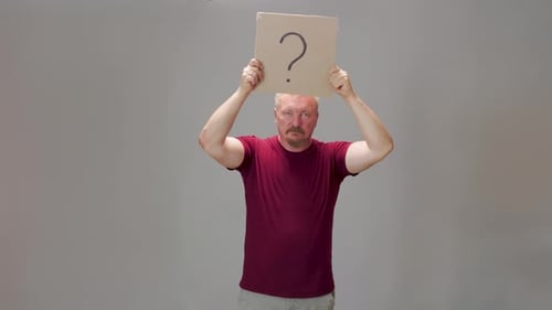 Question Mark Adult Man with Mustache Holding Cardboard Box