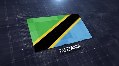 3D Tanzania Flag Waving Animation on Digital Grid Background