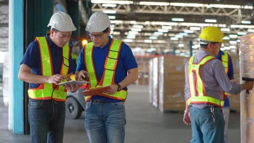 Warehouse manager discuss together during walk in workplace with other workers and folklift car work