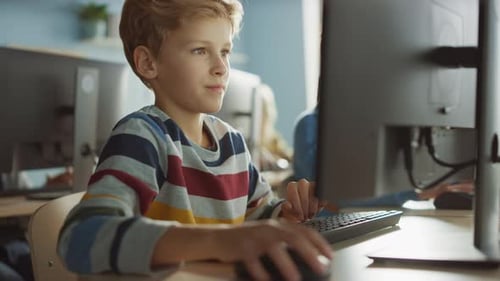 Elementary School Classroom: Smart Boy Uses Personal Computer, Learning How to Use Internet Safely,