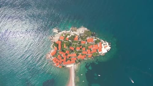 Sveti Stefan. Montenegro. Fantastic aerial view of the beach and Sveti Stefan island.