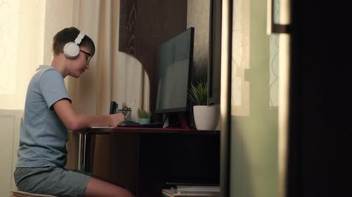 Teen Studying Online at Desk in Home
