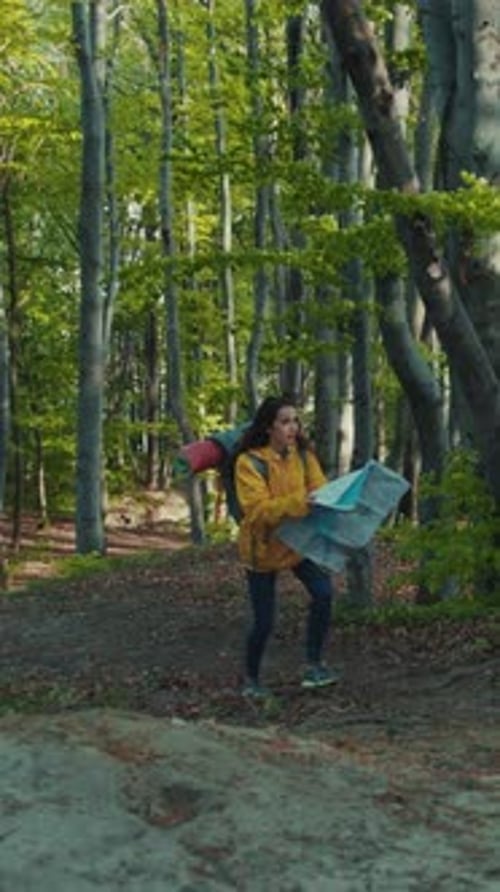Woman Hikes With Map Through Green Forest