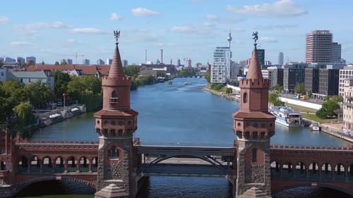 Summer day east west Berlin Border River Bridge Germany. Perfect aerial top view flight overflight f