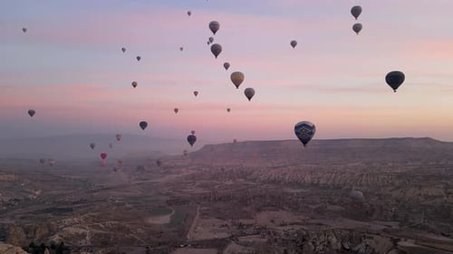 Hot air balloon flight in Goreme in Turkey during sunrise