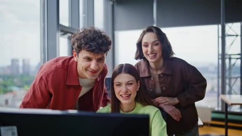 Friendly Team Waving Laptop Webcam Office Open Space Closeup Smiling Startupers