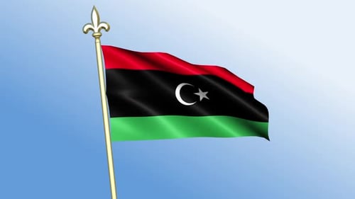 Waving Libyan Flag on Golden Flagpole