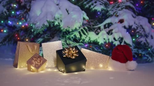 Magic Christmas Night with Red Santa Claus Hat Under Festive Christmas Tree 6K