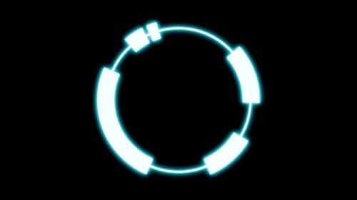 Target HUD element cyan glowing neon ring randomly rotating seamless loop 3d render. Display load