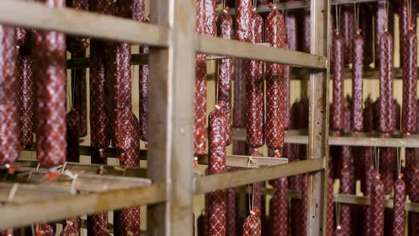 Smoked Sausages Maturing on Racks on Meat Production in Meat Shop of ...