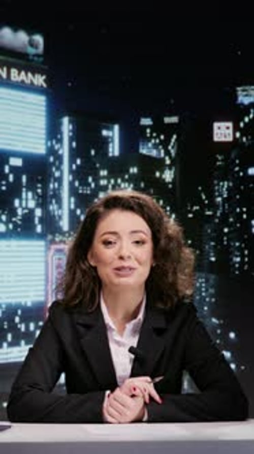 Periodista de vídeo vertical presenta un espectáculo nocturno en directo